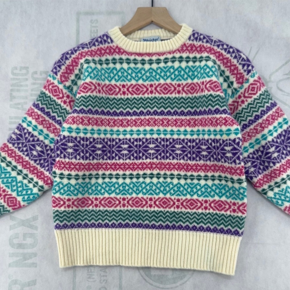 vintage MEISTER KNIT WOOL‎ FAIR ISLE SKI Geometric SWEATER Fits XS Cottagecore